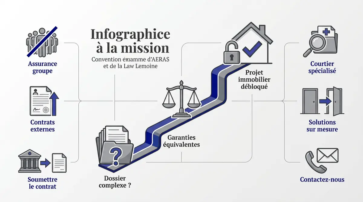 Infographie expliquant le parcours d'assurance emprunteur avec la convention AERAS et la loi Lemoine
