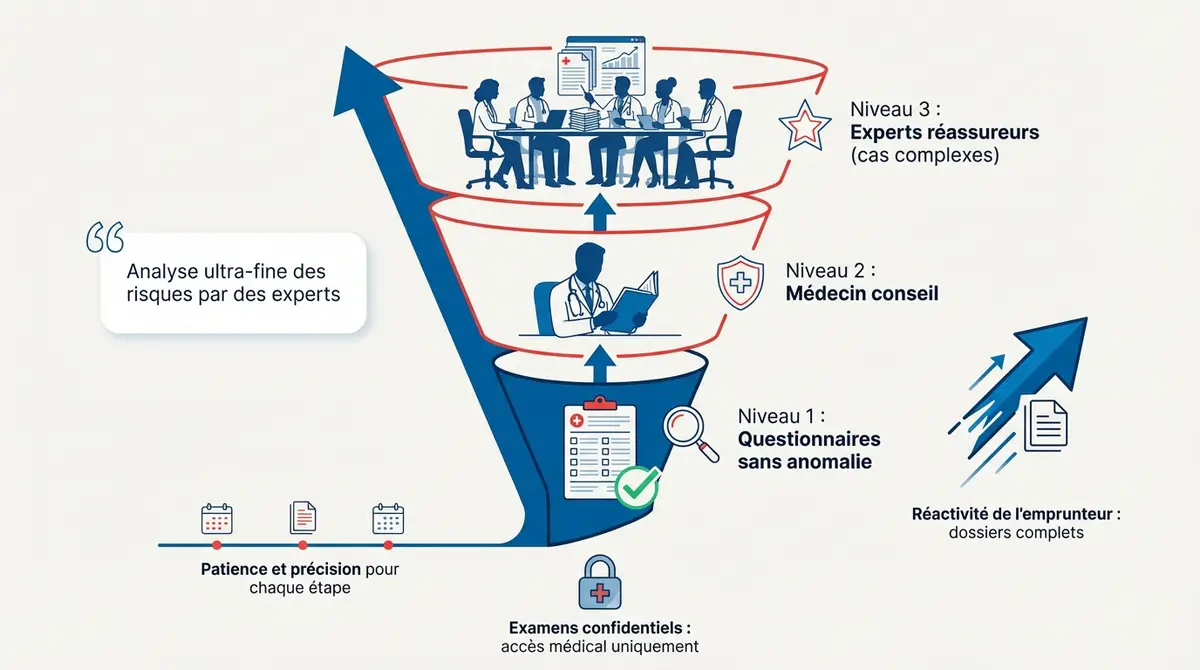 Infographie expliquant les trois niveaux d'examen médical AERAS