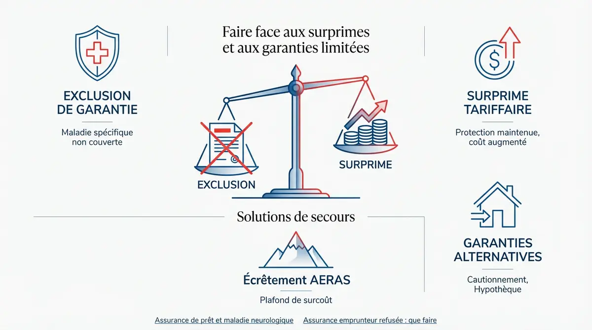 Schéma explicatif des exclusions de garanties et des surprimes en assurance emprunteur